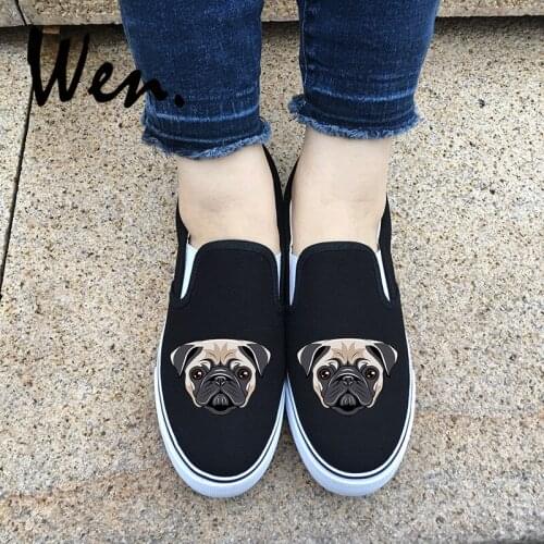 Wen Design Simple and Honest Pug Dog Black White 2 Colors Shoes Canvas Men Sneakers Slip On Women Flat Pumps for Birthday Gift