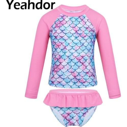 3-16Y Kids Girls Tankini Swimwear Long Sleeves Fish Scales Print Rashguard Swimsuit Beachwear Bathing Suit Set Tops with Bottoms
