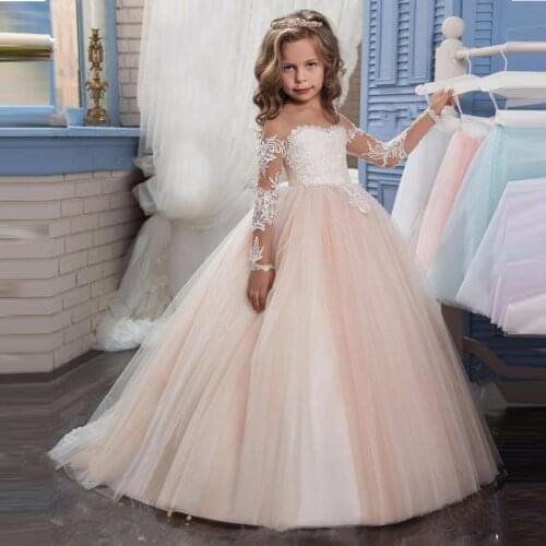 Long Sleeves Soft Tulle With train Fashion Girls Costume Kids Evening Party Cute Princess Dress Little Bride Gown Tutu Dresses