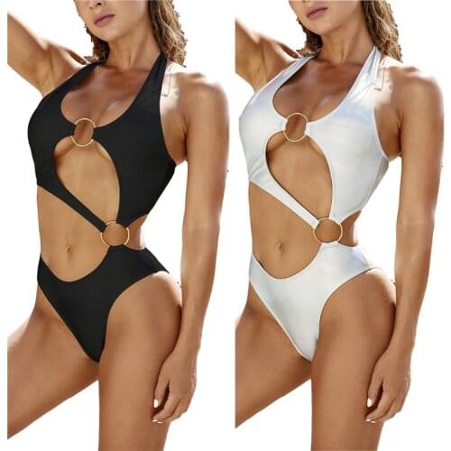 Fashion Sexy Women Bikini Swimsuit One Piece Cut Out Monokini Swimwear Brazilian Metal Circle Hollow Out Halter Pure Color