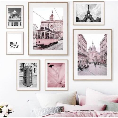 Pink Petal Tram Street Tower Church Nordic Posters And Prints Wall Art Canvas Painting Wall Pictures For Living Room Decor