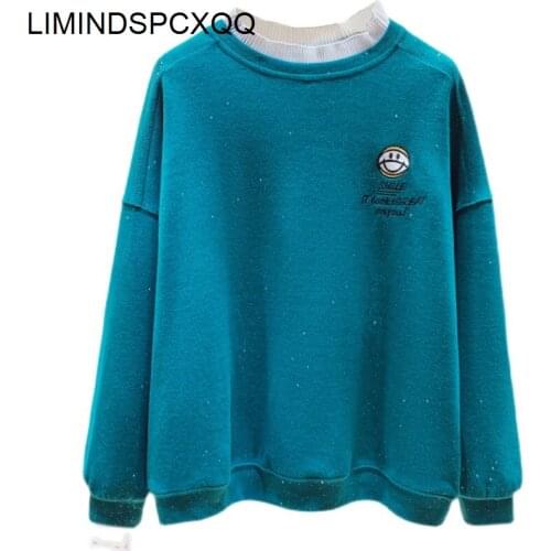 2021 Autumn Fake Two-piece Women Pullover Round Neck Lace Stitching Letter Embroidery Loose Casual All-match Ladies Sweatshirt