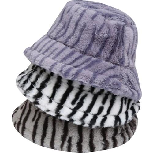 Autumn Winter Panama Hat For Women Faux Fur Bucket Hats Zebra Print Plush Velvet Warm Panama Hat Fisherman Hats Vacation Cap