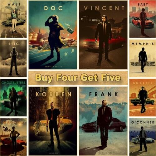 Various Movie Protagonist Man and Car Poster Kraft Paper Movie Poster Wall Sticker Home Bar Living Room Decorative Painting