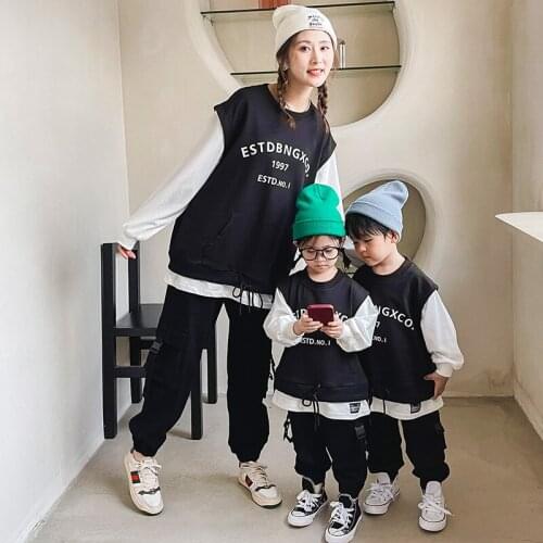 Hipop Style Fake Two Pieces Casual Loose Shirts Hoodie for Boys Girls Parent-Child Clothing Childrens Sports Suits Family Look