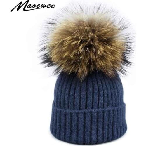 Girl Pom Pom Beanie Warm Knitted Skullies Kids Fur Pompom Hats Children Real Raccoon Fur Pompon women Winter Hat Cap Brand Bone