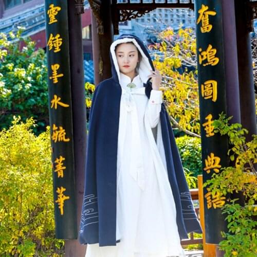 Embroidered Cloak with Hoodie hanfu Chinese Retro Costume Cloak autumn winter thickened Clothing double layer wool warm costume