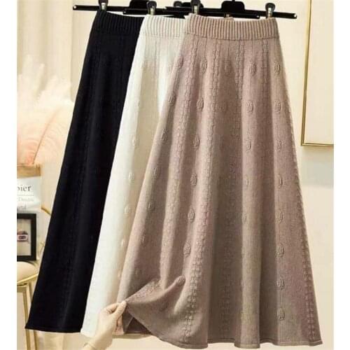 Elastic Waist Skirt Knitting Solid Middle Length A Line Retro Thin All-match Vintage Autumn Women Skirts DS202