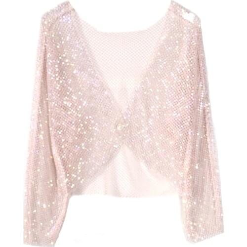 European Summer New Bright Diamond See-through Hollow Shiny Light Luxury Full Diamonds Net Coats Tops Women Fashion 2021