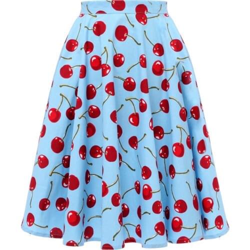 2022 Spring Summer Women Midi Skirt Vintage Cherry Print Sweet Kawaii Clothes Button Blue Ployester Swing Chic Skirts wih Zipper