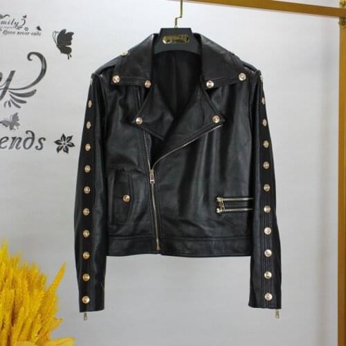 Europe Style Womens High Quality Sheepskin Genuine leather Buttons Biker Jackets C914