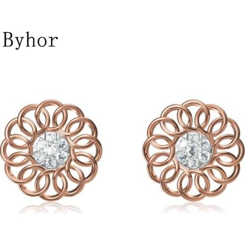 Byhor Solid 14K White/Yellow+White/Rose+White Gold 0.308ct H/SI Natural Diamond Fine Jewelry Wedding Flower Stud Earrings Cерьги