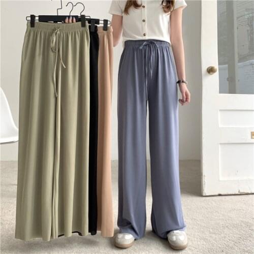 Zoki Summer Thin Pants High Waist Loose Lace Up Wide Leg Pants Casual Solid Straight Jogger Trousers Fashion Korean Simple Pants