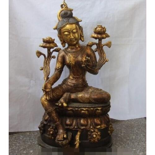 Free shipping S03397 26 Tibet Old Copper Bronze Green Tara Kwan-yin Guanyin Bodhisattva Buddha Statue
