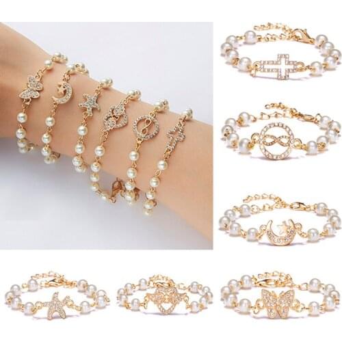 Fashion Star Starfish Cross Butterfly Angel Wings Charm Imitation Pearl Bracelet for Women Jewelry Summer Beach Style