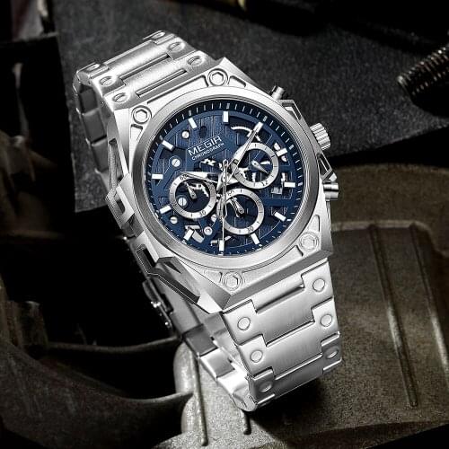 MEGIR Sports Wrist Watch Man with Stainless Steel Band Luxury Mens Quartz Watches Waterproof Chronograph Wristwatches Clock