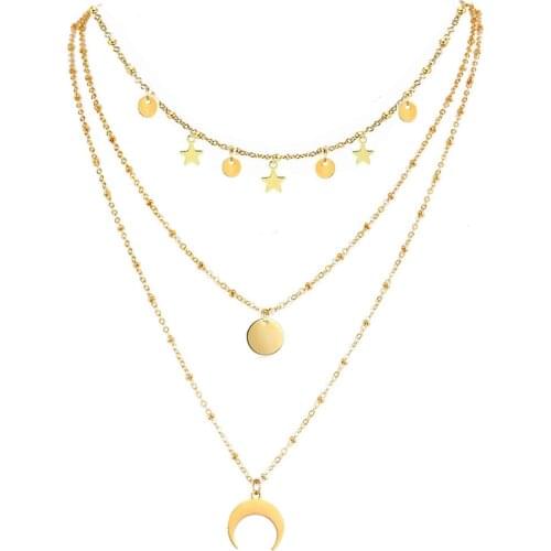 3 Layer Chains Stainless Steel Star Choker For Woman Girls Multilayer Horn Round Disc Moon Tassel Pendant Necklaces