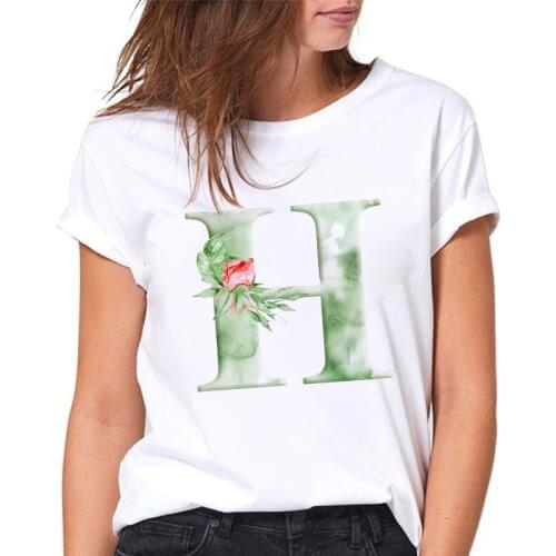 Fashion T-shirt Women 26 Alphabet H Flowers Print Female Tshirts Harajuku Casual White Ladies Tee Top Casual Summer tshirt femme