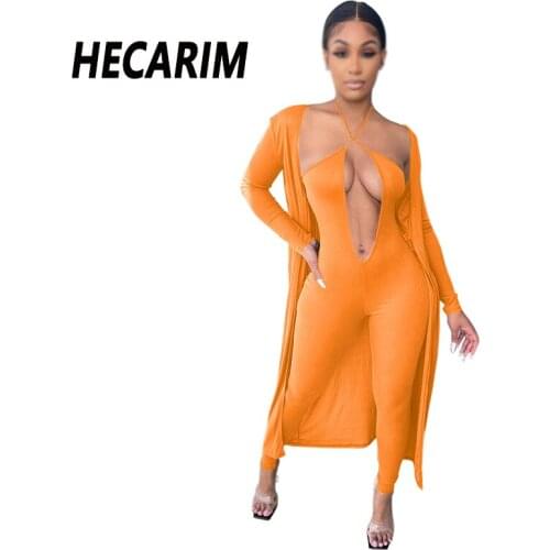 Hecarim 2021 Women Two Piece Outfits Casual Streetwear Suits Off Shoulder Open Stitch Halter Jumpsuit And Long Cardigans Set