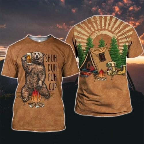 Camping Tent Campfire Beer Bear Print Leisure Camping short-sleeved T-shirts
