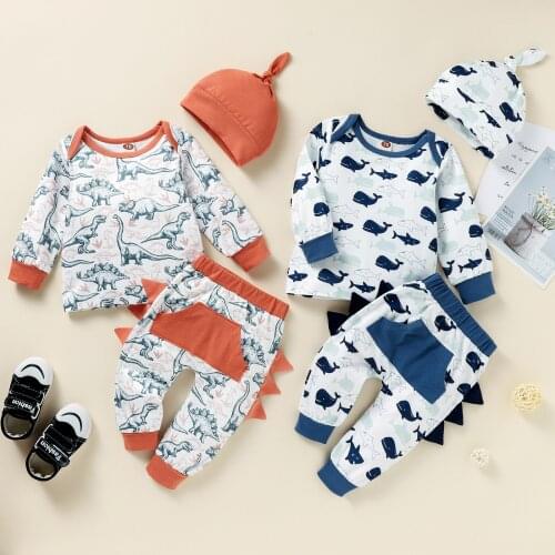 0-18M Newborn Baby Clothes Set Cartoon Animal Print Long Sleeve Pullover + Long Pants + Hat 3Pcs Autumn Outfits Pajama Set