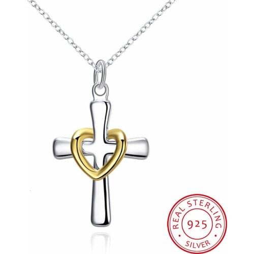 Lekani Hot Sale 925 Serling Silver Fine Jewelry Latin Cross Love Heart Necklace 1mm Rolo Jewelry Wholesale Silver Necklace