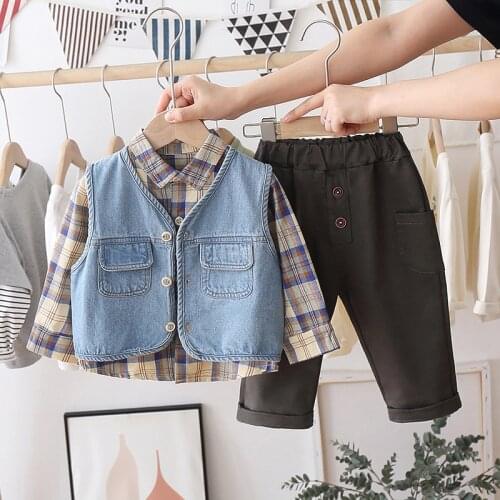 LISUNNY Baby Boys Clothing Sets 2021 Spring Denim Vest Plaid Shirt Pants Toddler Infant Casual Clothes Children Kids Clothes