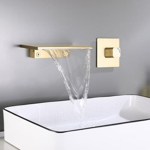 Brushed Dold Bathroom Basin Faucet Soild Brass Sink Mixer Hot & Cold In-Wall Single Handle 2 Holes Lavatory Crane Waterfall Taps