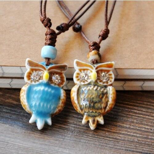 Fashion Owl Ceramic Necklace Handmade Porcelain Beads Pendant Adjustable Long Sweater Necklace For Women Girls Gift