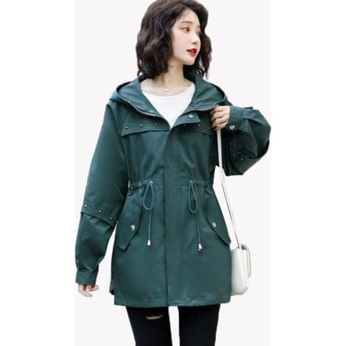 2020 New Women Trench Coat Spring Autumn Hooded Outerwear Solid Rivet Drawstring Windbreaker Female Large Size Basic Coat AH15