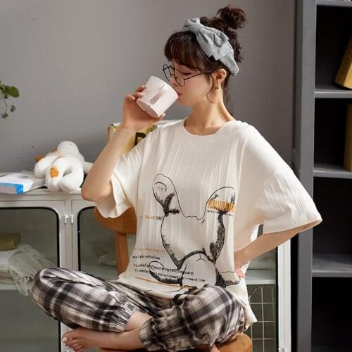 Spring New Womens Cotton Homedress Pajamas Sets Girl Short Sleeve Trousers Nightgown Round Neck Sleepwear Casual Home Clothing