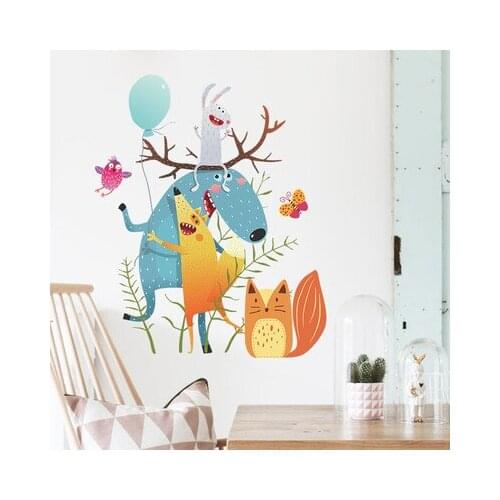 New Cartoon Color Fox Hugging Deer Wall Sticker Bedroom Wall Beautification Decor Living Room Decals Room Decoration Teenager