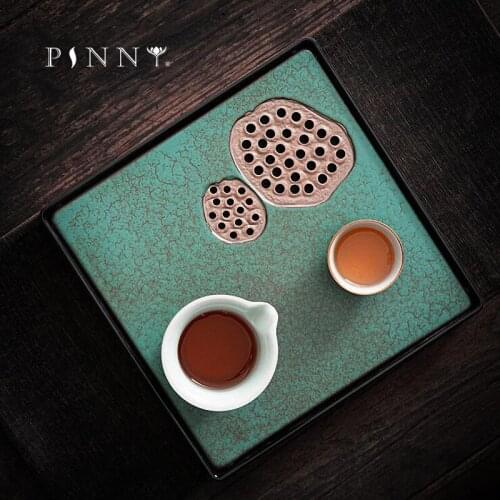 PINNY Turquoise Glaze Ceramic Lotus Tea Tray Chinese Kung Fu Tea Accessories Retro Tea Ceremony Table