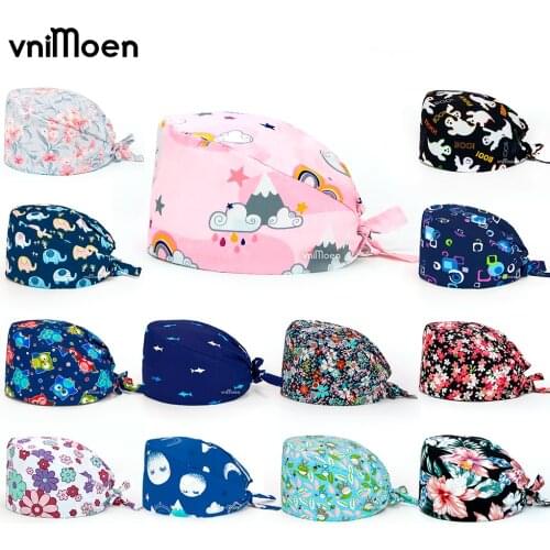Health service cap printing sweat-absorbent Scrub hat Beautician working hat men and women spa adjustable High Quality Scrub cap