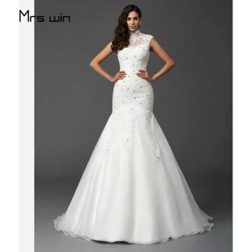 Mrs win Wedding Dress Cystal Mermaid Wedding Dresses Elegant High Collar Vestido De Noiva Plus Size Lace Bridal Ball Gowns HR024