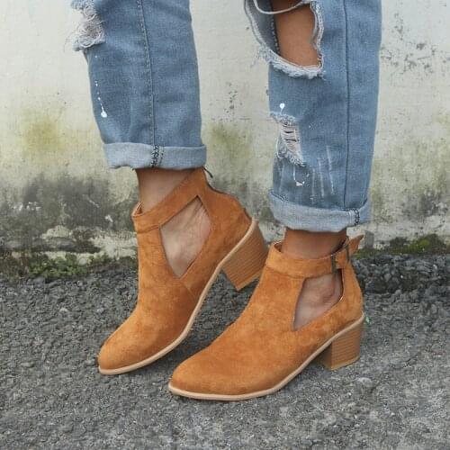 2020 Autumn Winter Women Buckle Ankle Boots Faux Suede Pointed Toe Thick High Heels Party Shoes Woman High Heel Boots