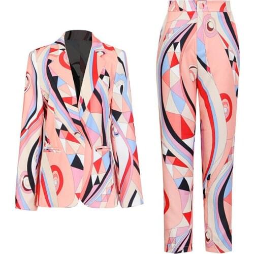 Blazer and pants set for women Spring Autumn New Casual Long Sleeve lapel blazer High Waist Pants printing Two Piece Set Female