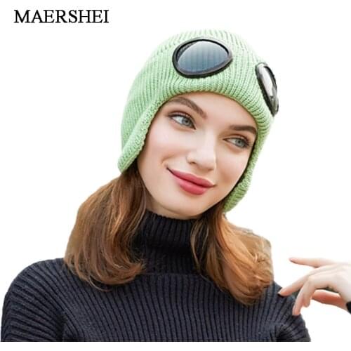 Winter Knitted Hat Warm Beanies Skullies Ski Cap with Removable Glasses for Women Men Outdoor Sports Cap MAERSHEI