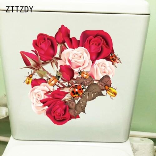 ZTTZDY 25×24.3CM Ladybug On Rose Funny Bathroom Toilet Decor Stickers Home Wall Accessories T2-1373