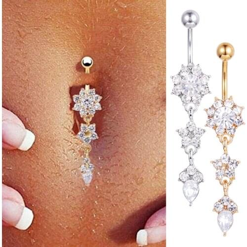 1Pc Sexy Crystal Flower Belly Bars Belly Button Rings Belly PiercingBody Jewelry Navel Piercing Rings Golden Body Accessories