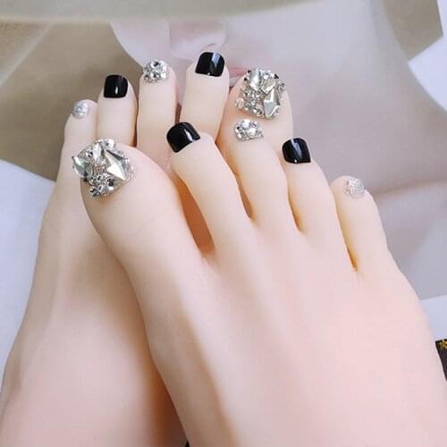 24pcs Black Diamonds Wear Short Paragraph Fashion Manicure Patch False ToeNail Save Time Wearable Jelly ToeNail Patch SA