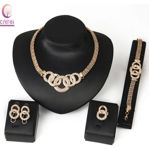 African Women Gold color Crystal Collar Necklace Earrings Bracelet Fine Rings Jewelry Set Wedding Party Set