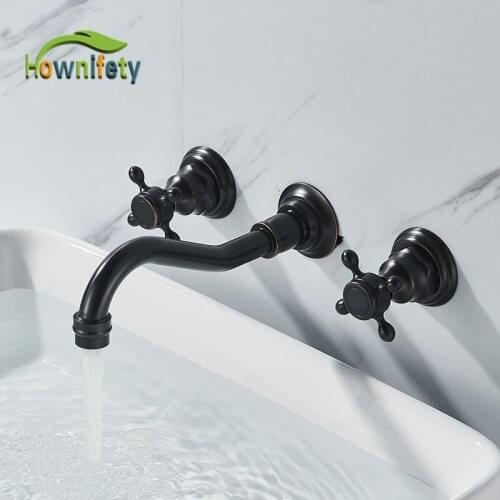 ORB Antique Brass Wall Mount Bathroom 3 Hole Faucet Hot Cold Mixer Crane Tap Soft Water Dual Handles Europen