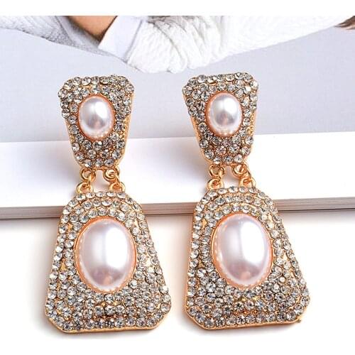 Bling Rhinestone Crystal Drop Earrings For Women Trendy Gold Color Simulated Pearl Earrings Dangle Romantic Jewelry