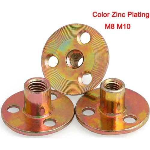 Color Zinc Plating Iron Plate Nut Three-hole Locking Flange Nut Round Flat Base T Nuts Tee Furniture Nuts Screw M8 M10