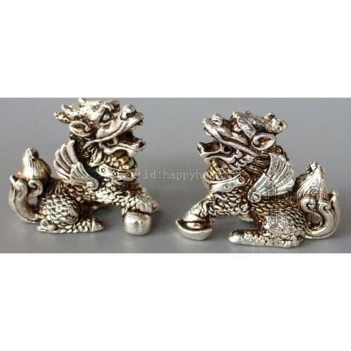 Chinese Silver FengShui Guard Foo Fu Dog Lion Unicorn PiXiu Statue Pair Set