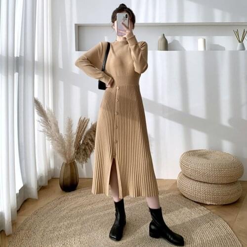 Khaki Knitted Mid-Calf Dress Women Autumn Winter Half high collar Long Sleeve Sweater Dress Lady vintage Dress Vestidos