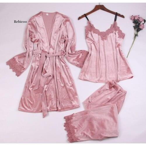 Winter New Kimono Gown Women Long Sleeve 3Pcs Sleepwear Velvet Bathrobe Gown Bride Bridesmaid Wedding Robe Soft Home Clothes