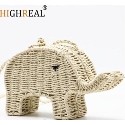 HIGHREAL Cartoon Elephant Straw Handbag Chic Womens Shoulder Messenger Bag Beach Woven Mini Cute Casual Crossbody Purse