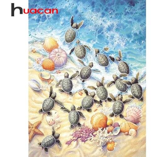 Huacan Diamond Painting Sea Turtle 5D Full Drill Shell Diamond Embroidery Seaside Landscape Home Art Wall Art